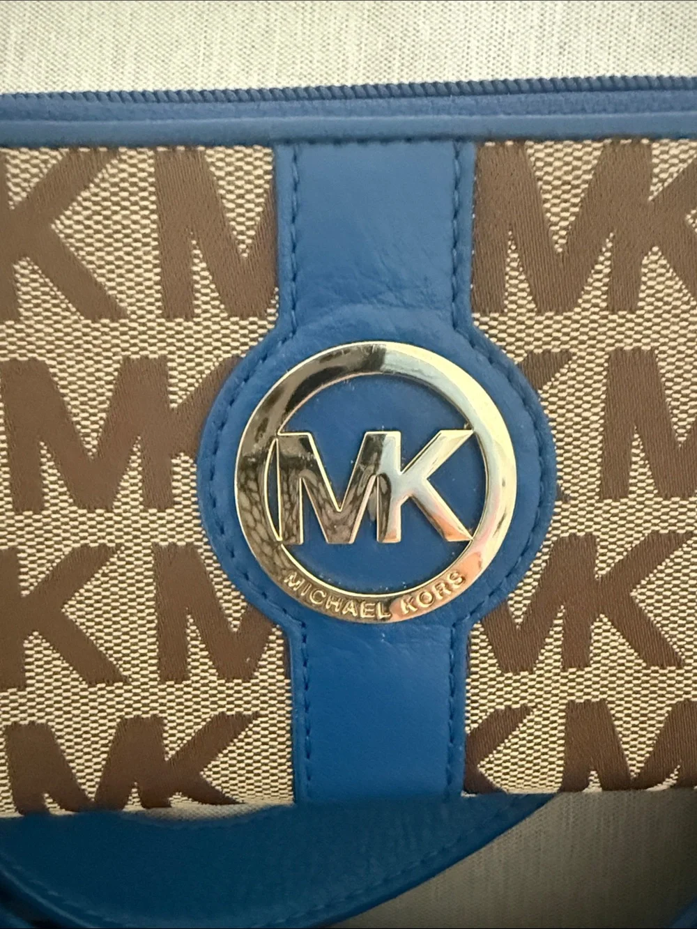 MK Signature Monogram Hobo Shoulder Bag + Zip Around Wallet Set Blue Leather